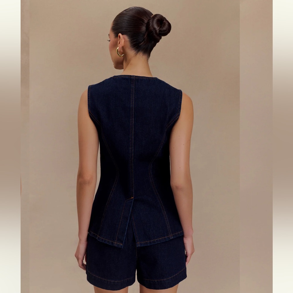 Meshki Abel Dark Indigo Denim Sleeveless Button Vest - Picture 2 of 4